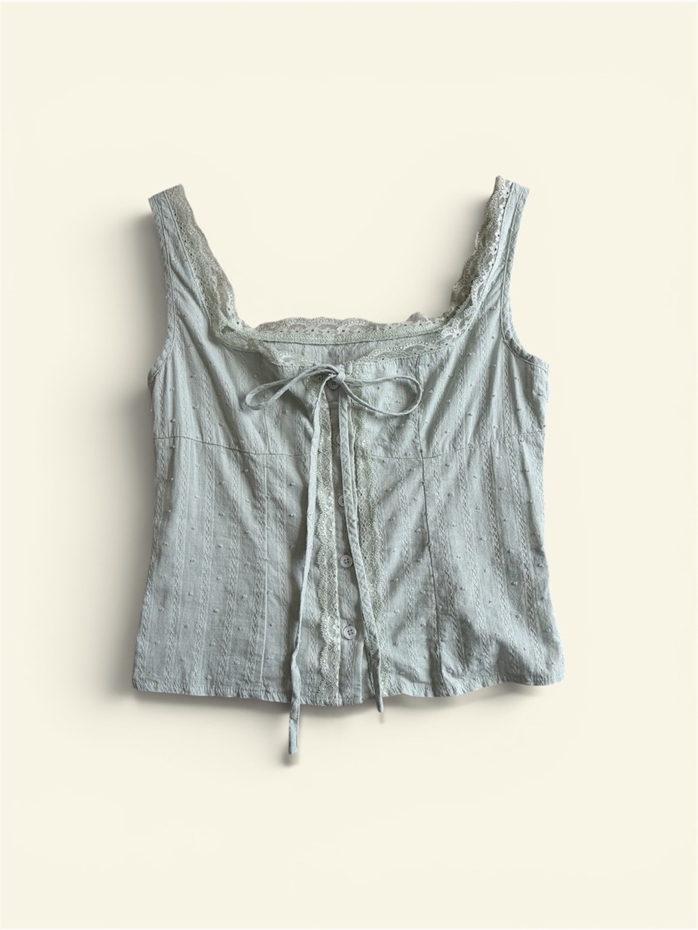 Sage Green Lace Trim 100% Cotton Cami Top Button Front Coquette Summer Size XS